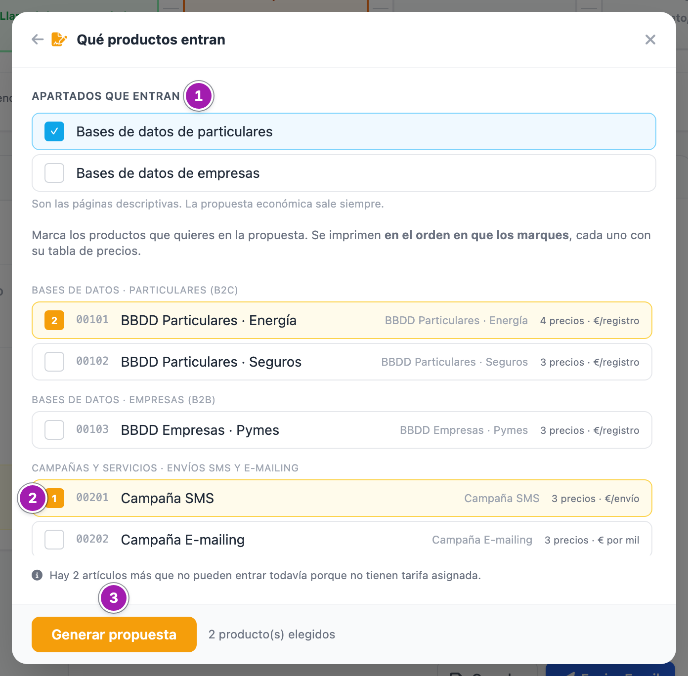 Ventana «Qué productos entran», paso 2: en «Apartados que entran» (1) uno marcado y otro desmarcado; la lista de productos agrupada por sección y familia, con «Campaña SMS» marcada la primera y «BBDD Particulares · Energía» la segunda: el número es el orden en que salen (2); abajo, el botón «Generar propuesta» (3) y «2 producto(s) elegidos».