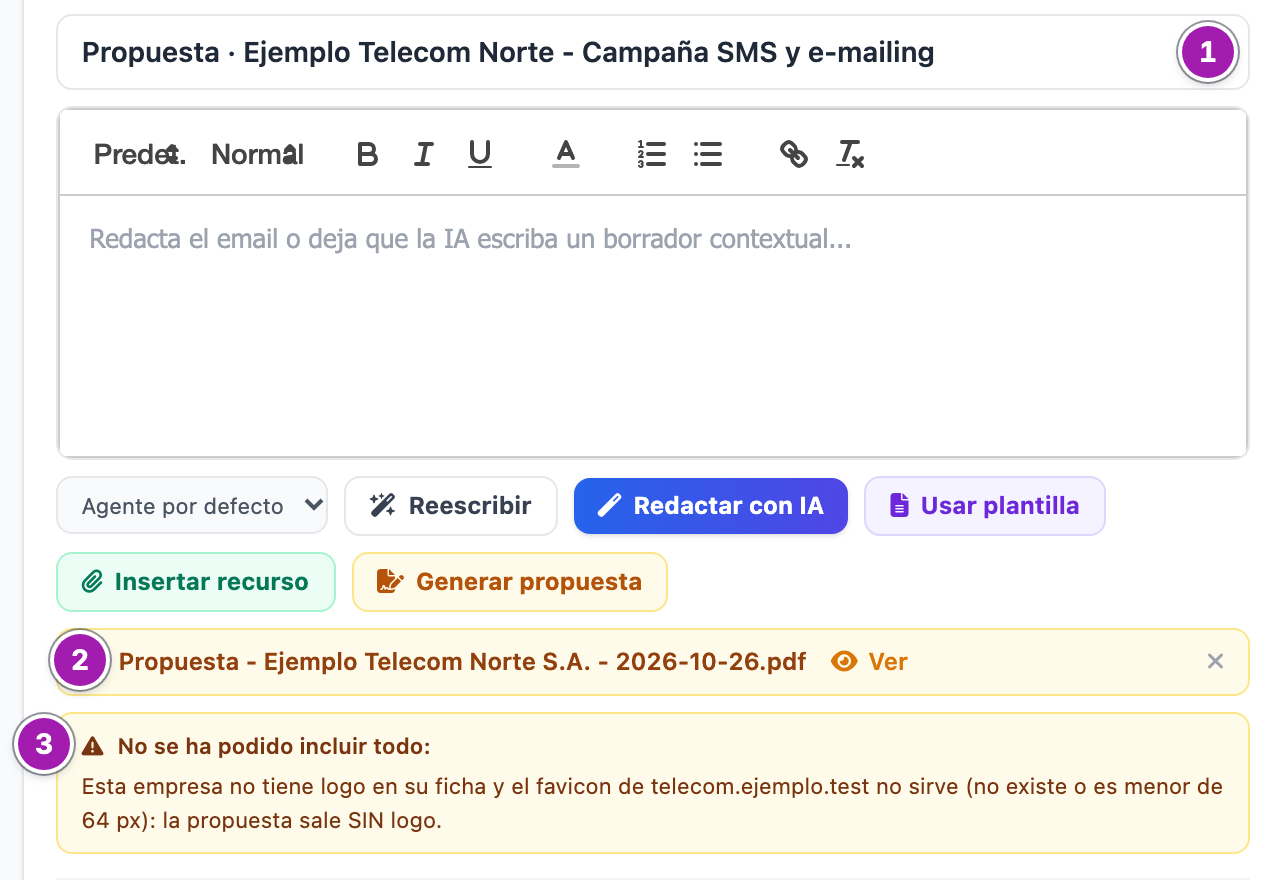 Pestaña Email de la oportunidad tras generar: el asunto, que se ha rellenado solo con «Propuesta ·» y el nombre de la oportunidad (1); la barra del adjunto con el PDF, «Ver» y la × para quitarlo (2); y el recuadro «No se ha podido incluir todo:» con el aviso de que la propuesta sale sin logo (3).