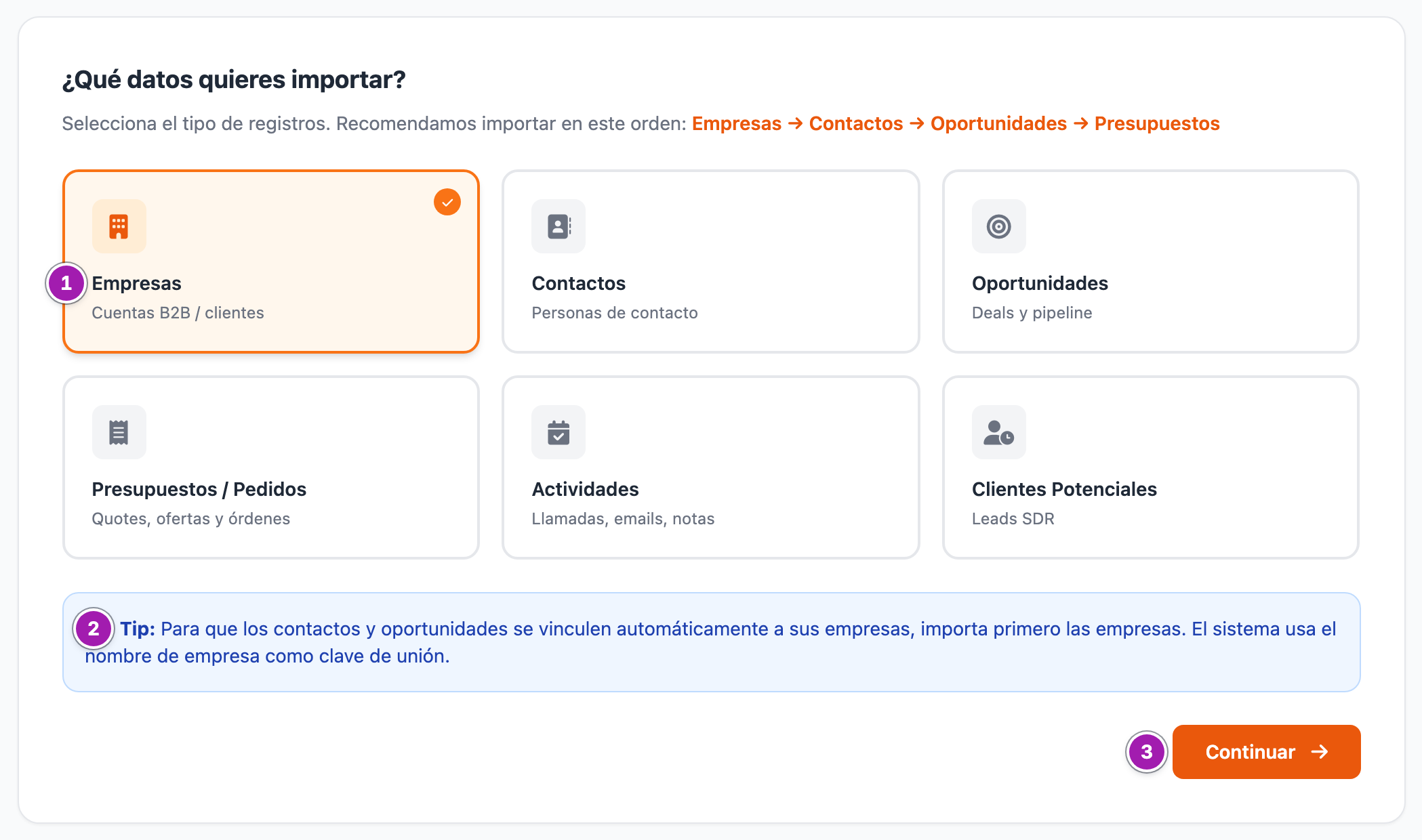 Paso 1 del importador, «¿Qué datos quieres importar?»: las seis tarjetas de tipos, con «Empresas» elegida (1), el aviso «Tip» de importar primero las empresas (2) y el botón «Continuar» (3).
