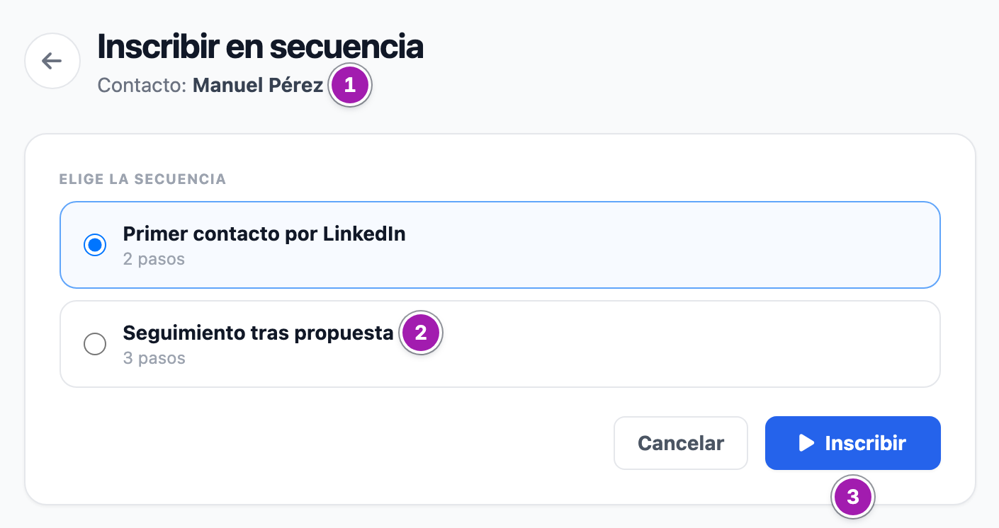 Formulario Inscribir en secuencia de un contacto: a quién se inscribe (1), la lista de secuencias activas con su número de pasos (2) y el botón Inscribir (3).