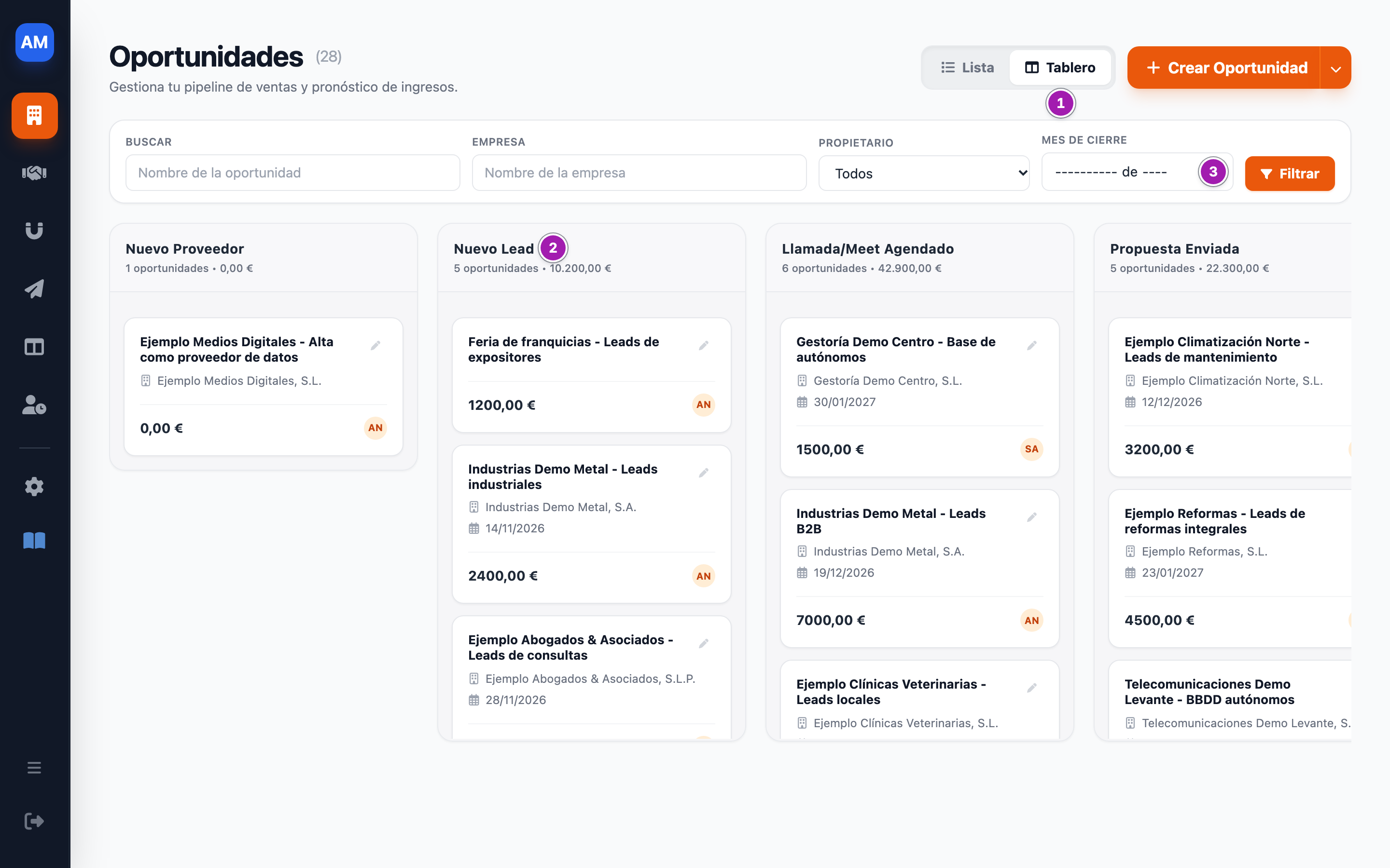 Tablero de Oportunidades con el botón «Tablero» elegido (1), las columnas de etapa con cuántas oportunidades tiene cada una y cuánto suman, como «Nuevo Lead» (2), y los filtros Buscar, Empresa, Propietario y «Mes de cierre» (3).