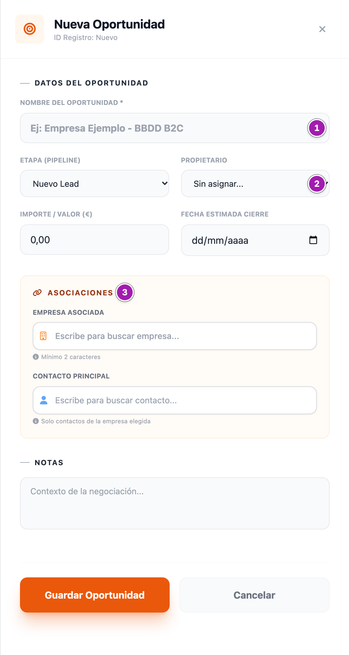 Panel «Nueva Oportunidad» con el campo «Nombre del Oportunidad *» (1), el desplegable «Propietario» en «Sin asignar...» (2) y el apartado «Asociaciones» con los buscadores de empresa y de contacto principal (3).