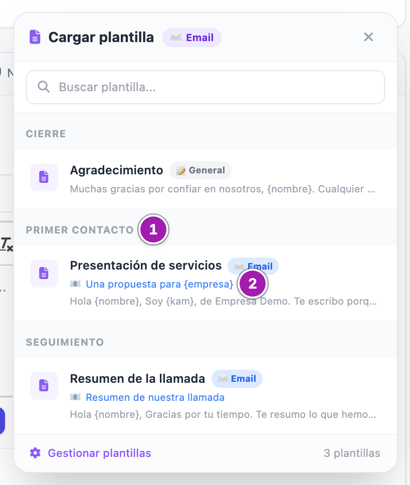 Ventana «Cargar plantilla» abierta desde la pestaña Email: el buscador y las plantillas de correo y generales agrupadas por categoría (1); las de correo enseñan su asunto (2).