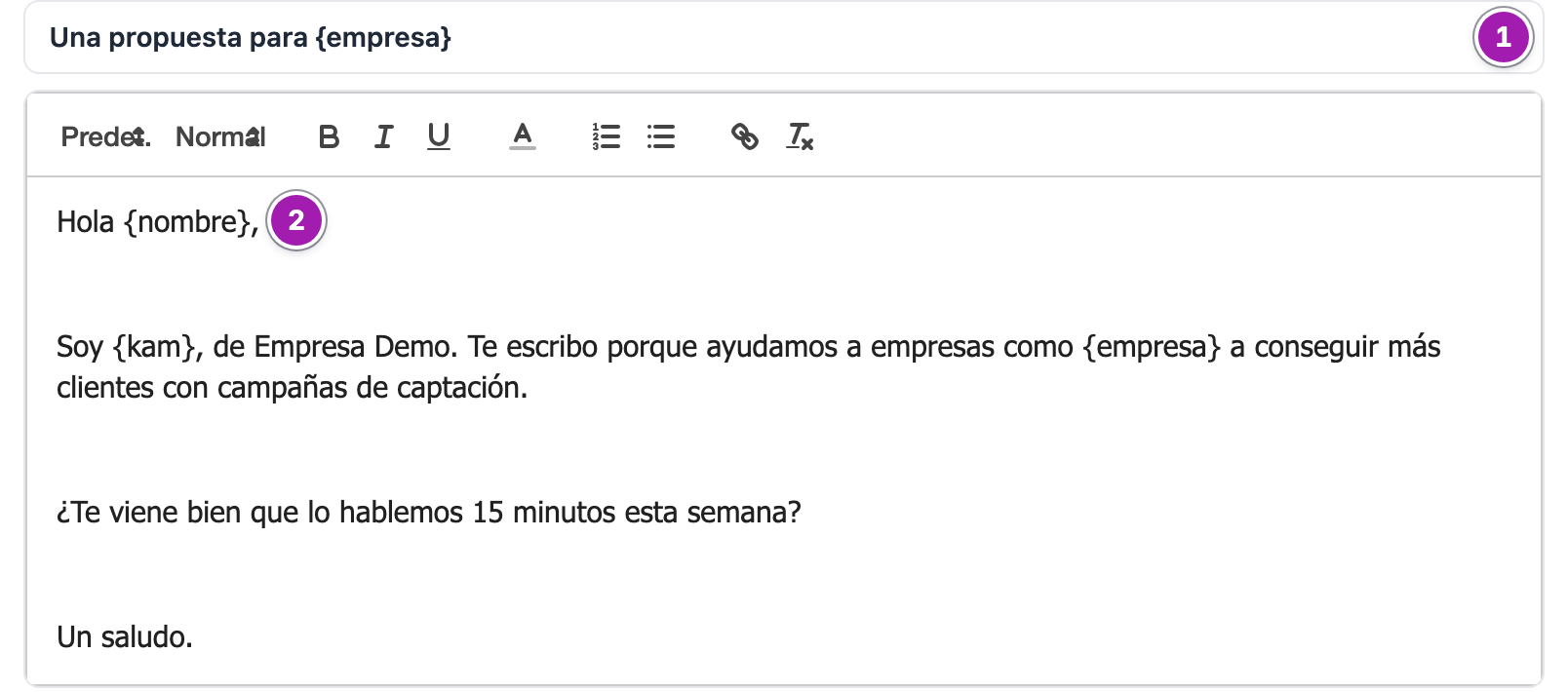 La plantilla «Presentación de servicios» cargada en el correo: el asunto sustituido (1) y el texto con las variables {nombre}, {kam} y {empresa} escritas tal cual (2).