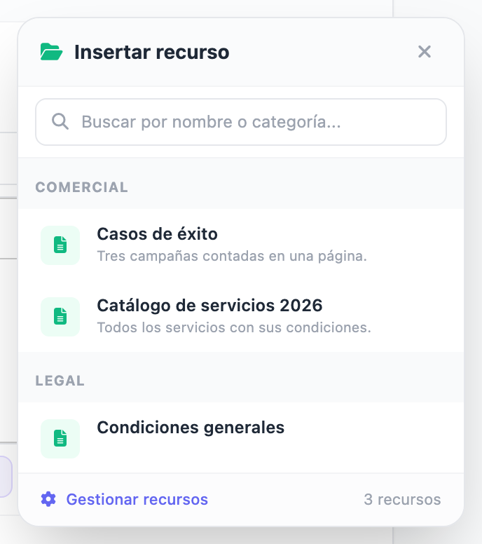 Ventana «Insertar recurso»: el buscador y los recursos de la biblioteca agrupados por categoría, cada uno con su descripción.
