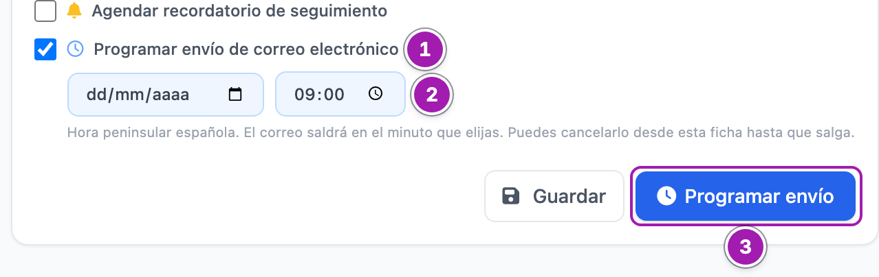 Pestaña Email de un contacto con «Programar envío de correo electrónico» marcado (1), los campos del día y la hora con el aviso de la hora peninsular española (2) y el botón «Programar envío» (3).