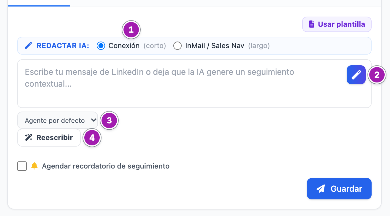 Pestaña LinkedIn de la ficha de un contacto: la elección entre mensaje de conexión corto e InMail largo (1), el botón de la varita que genera el mensaje (2), el desplegable que elige el agente (3) y el botón Reescribir (4).
