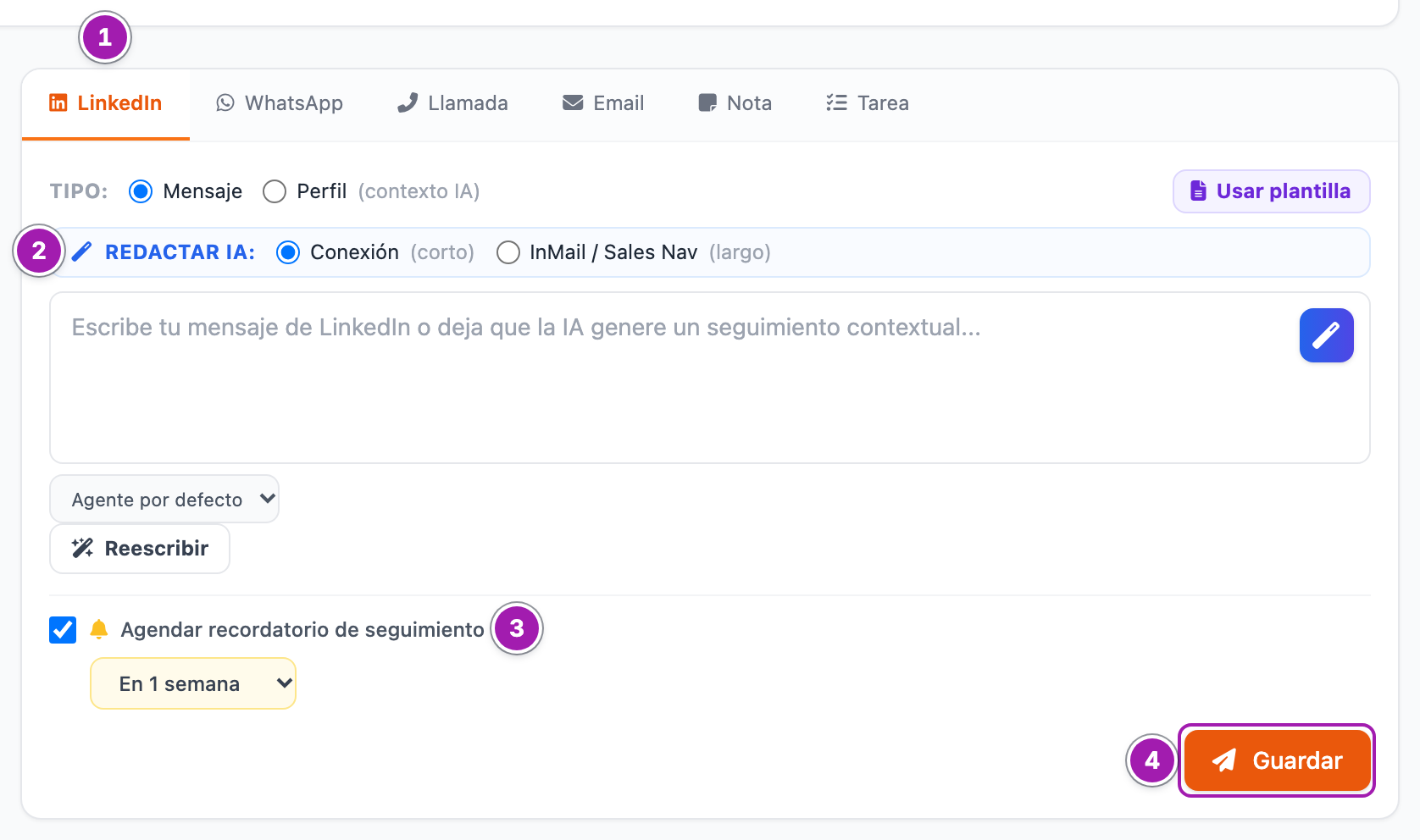 Pestaña LinkedIn del muro de un cliente potencial: la barra de pestañas (1), la opción «Redactar IA: Conexión / InMail» (2), la casilla «Agendar recordatorio de seguimiento» marcada con «En 1 semana» (3) y el botón «Guardar» (4).