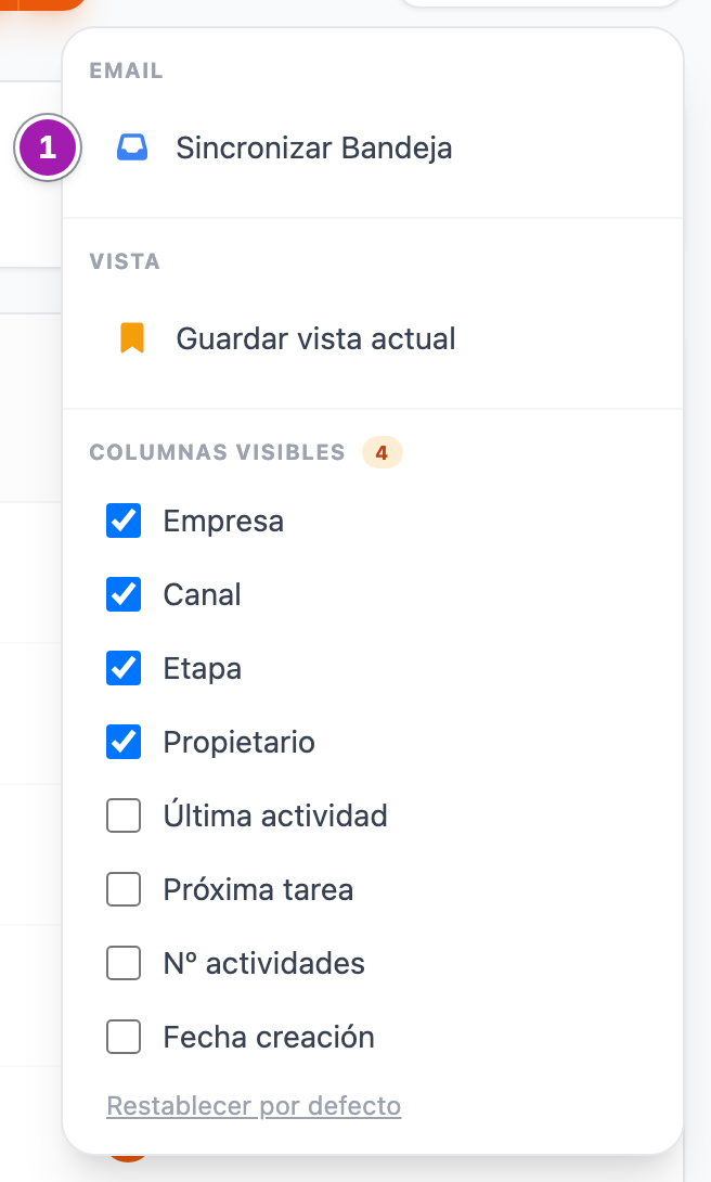 Menú Opciones del listado de clientes potenciales abierto, con Sincronizar Bandeja (1) en el apartado Email.