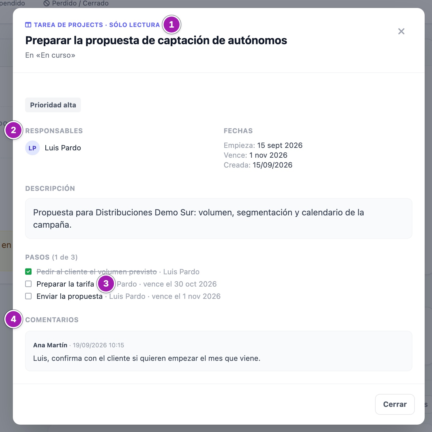 Ventana de sólo lectura de una tarjeta de Projects abierta desde la ficha de una oportunidad: el rótulo de sólo lectura (1), los responsables y las fechas (2), la lista de tareas con una hecha (3) y los comentarios (4).