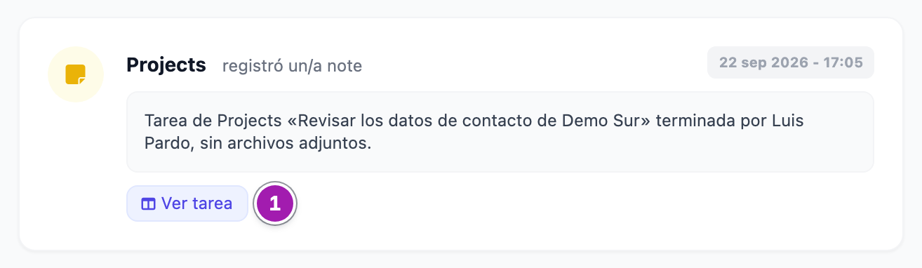 Nota que deja Projects en el muro de la empresa al terminar la tarjeta, firmada por Projects, con el botón Ver tarea (1).