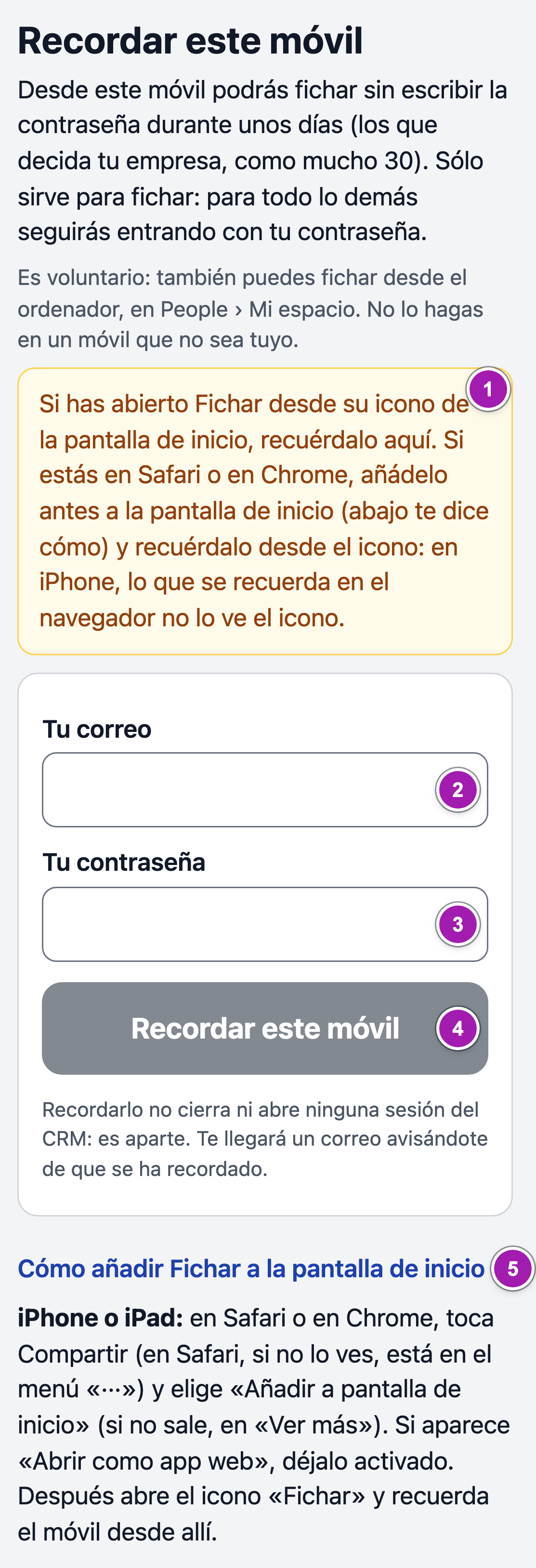 Página «Recordar este móvil» de Fichar en un iPhone: el aviso de que en iPhone se recuerda desde el icono (1), los campos «Tu correo» (2) y «Tu contraseña» (3), el botón «Recordar este móvil» (4) y las instrucciones abiertas de «Cómo añadir Fichar a la pantalla de inicio» (5).