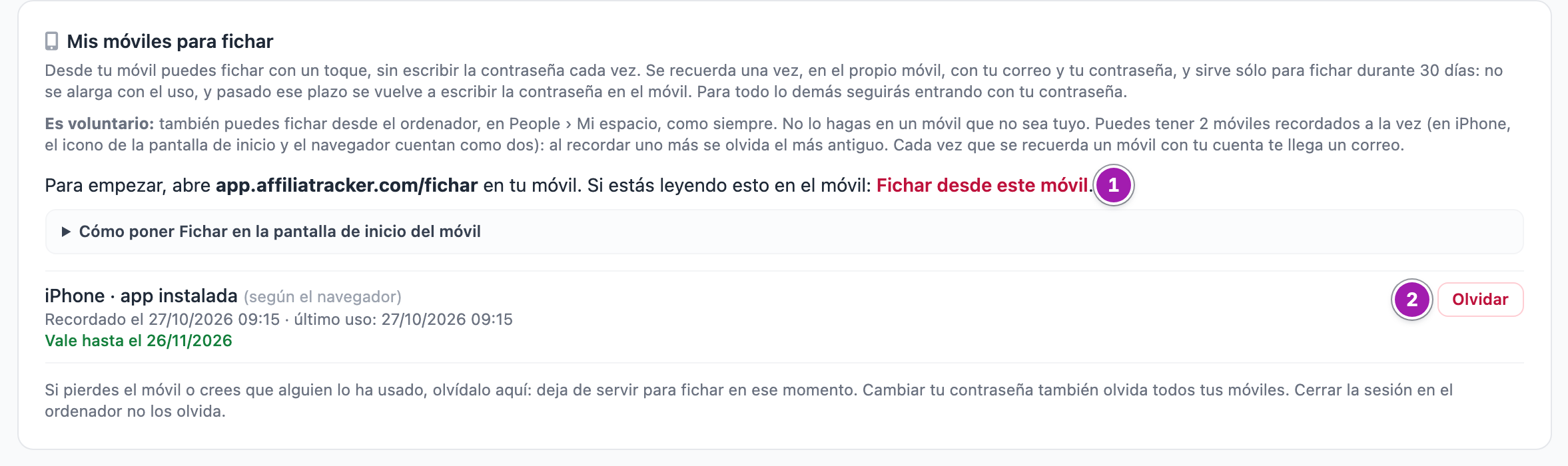 Sección «Mis móviles para fichar» del registro de jornada de una persona: el enlace «Fichar desde este móvil» (1) y su iPhone recordado, con «Vale hasta el …» y el botón «Olvidar» (2).