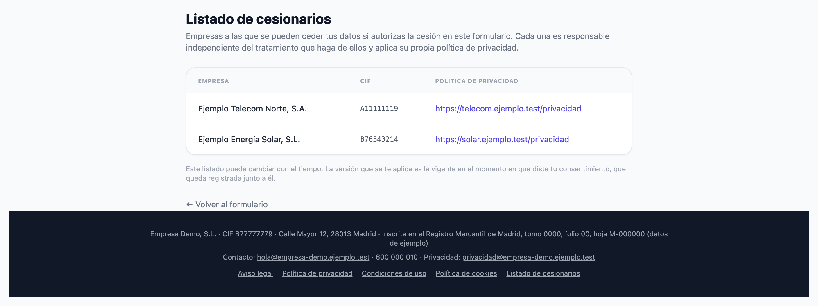 Página pública «Listado de cesionarios» de un portal: las empresas a las que se pueden ceder los datos, con su CIF y su política de privacidad.