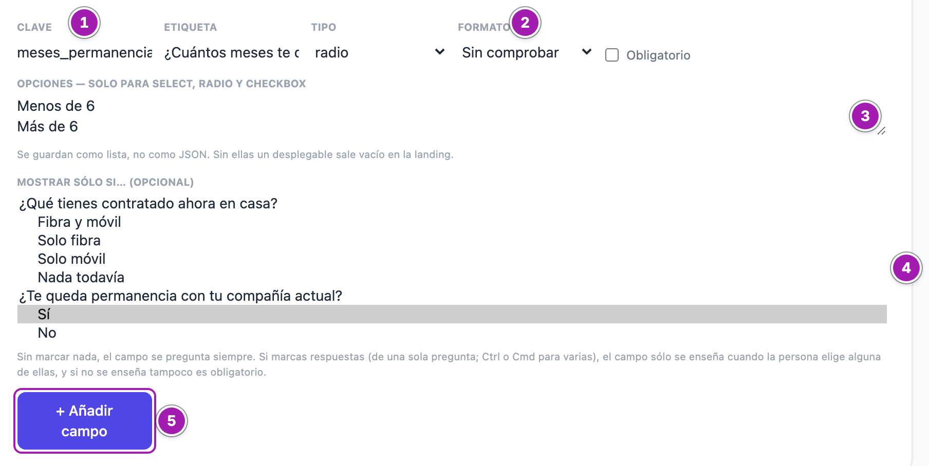 Formulario para añadir un campo con la clave meses_permanencia escrita (1), el desplegable de formato (2), las opciones una por línea (3), «Mostrar sólo si…» con la respuesta «Sí» de la permanencia elegida (4) y el botón «+ Añadir campo» (5).
