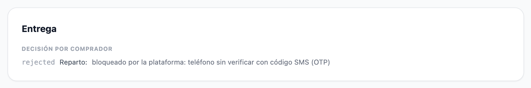 Bloque «Entrega» de un lead que no se entregó a nadie: la anotación «Reparto» con el motivo «bloqueado por la plataforma: teléfono sin verificar con código SMS (OTP)».