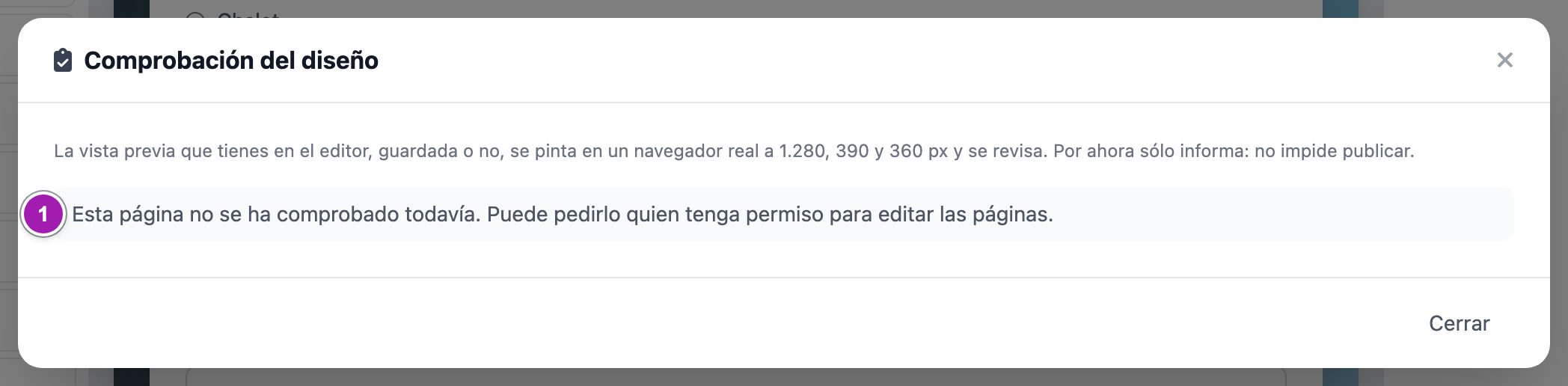 Ventana «Comprobación del diseño» abierta por alguien que sólo puede ver la página: explica qué se comprueba y avisa de que la página no se ha comprobado todavía (1).