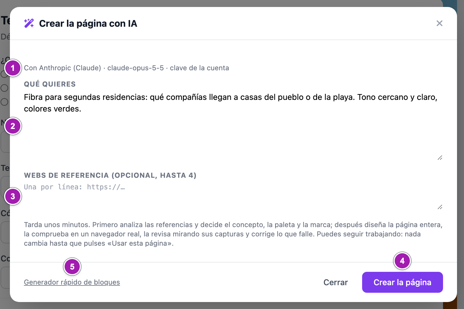Ventana «Crear la página con IA»: con qué proveedor, modelo y clave se haría (1), «Qué quieres» con un encargo escrito (2), «Webs de referencia» (3), el botón «Crear la página» (4) y el enlace al «Generador rápido de bloques» (5).