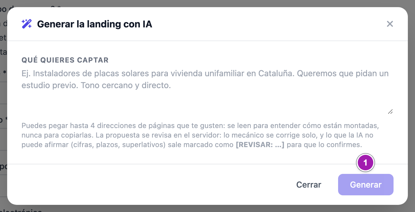 Ventana «Generar la landing con IA», el generador rápido de bloques: el campo «Qué quieres captar», la explicación y el botón «Generar» (1).
