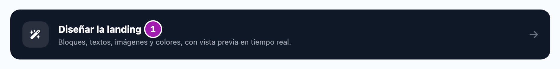 Tarjeta «Diseñar la landing» de la ficha de un portal (1), que abre el editor visual de su página.