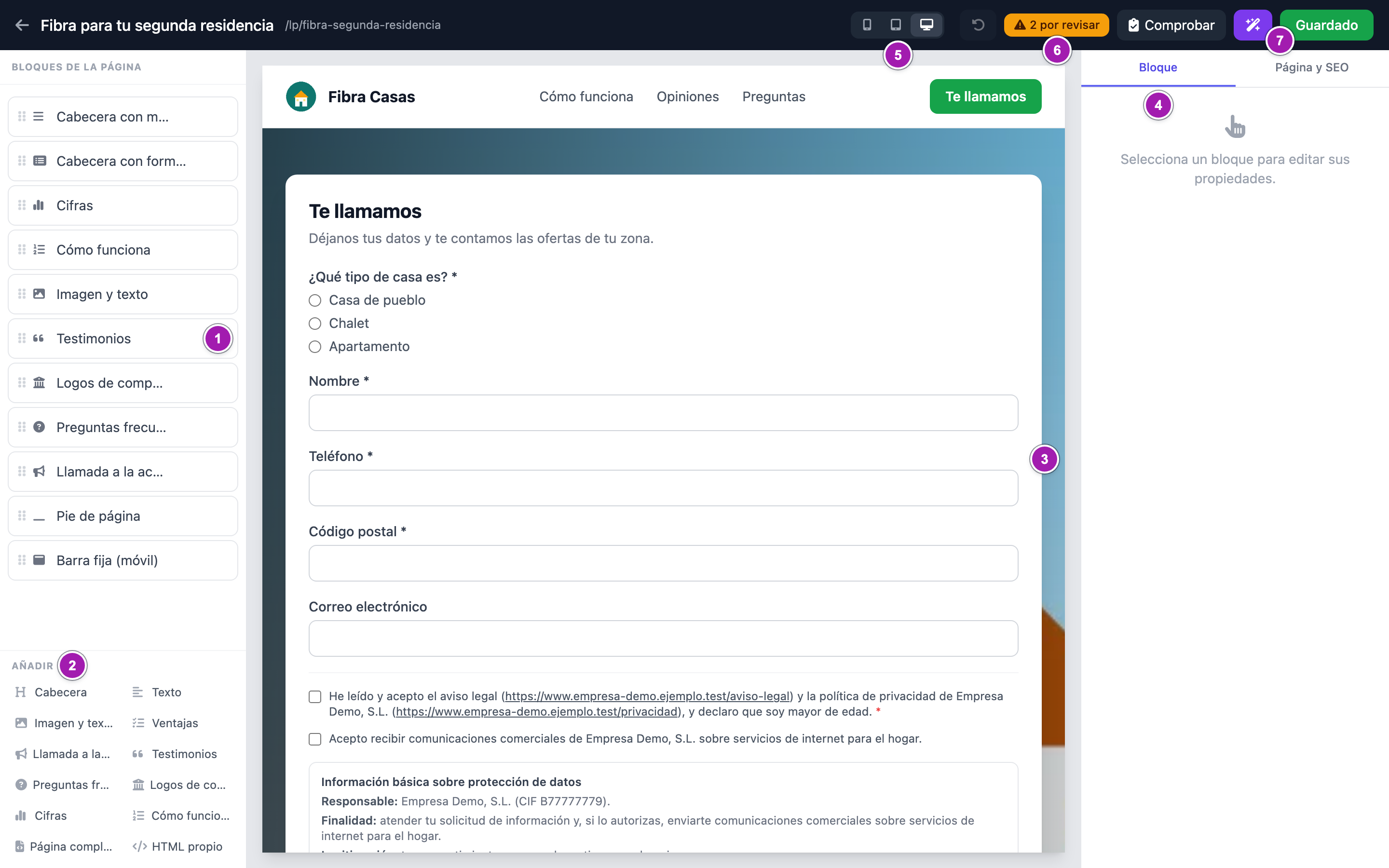El editor visual: la lista de bloques de la página (1), los botones para añadir bloques (2), la vista previa (3), las pestañas «Bloque» y «Página y SEO» del panel de la derecha (4), el conmutador de móvil, tablet y escritorio (5), la insignia «2 por revisar» (6) y el botón «Guardado» (7).