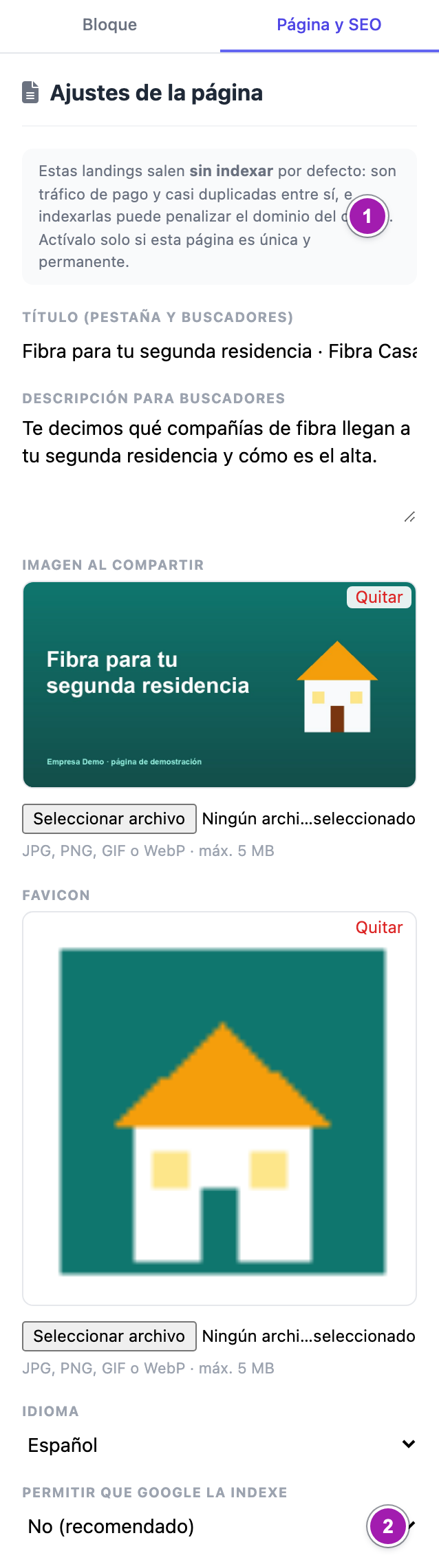 Pestaña «Página y SEO»: el aviso de que las páginas salen sin indexar (1), el título y la descripción para buscadores, la imagen al compartir, el favicon, el idioma y «Permitir que Google la indexe» (2).