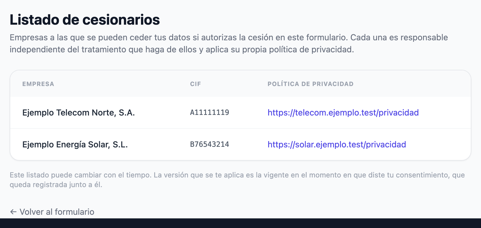 Página «Listado de cesionarios» de un portal: la explicación, la tabla con la empresa, el CIF y el enlace a su política de privacidad de cada comprador, y la nota de que se aplica la lista vigente al dar el consentimiento.