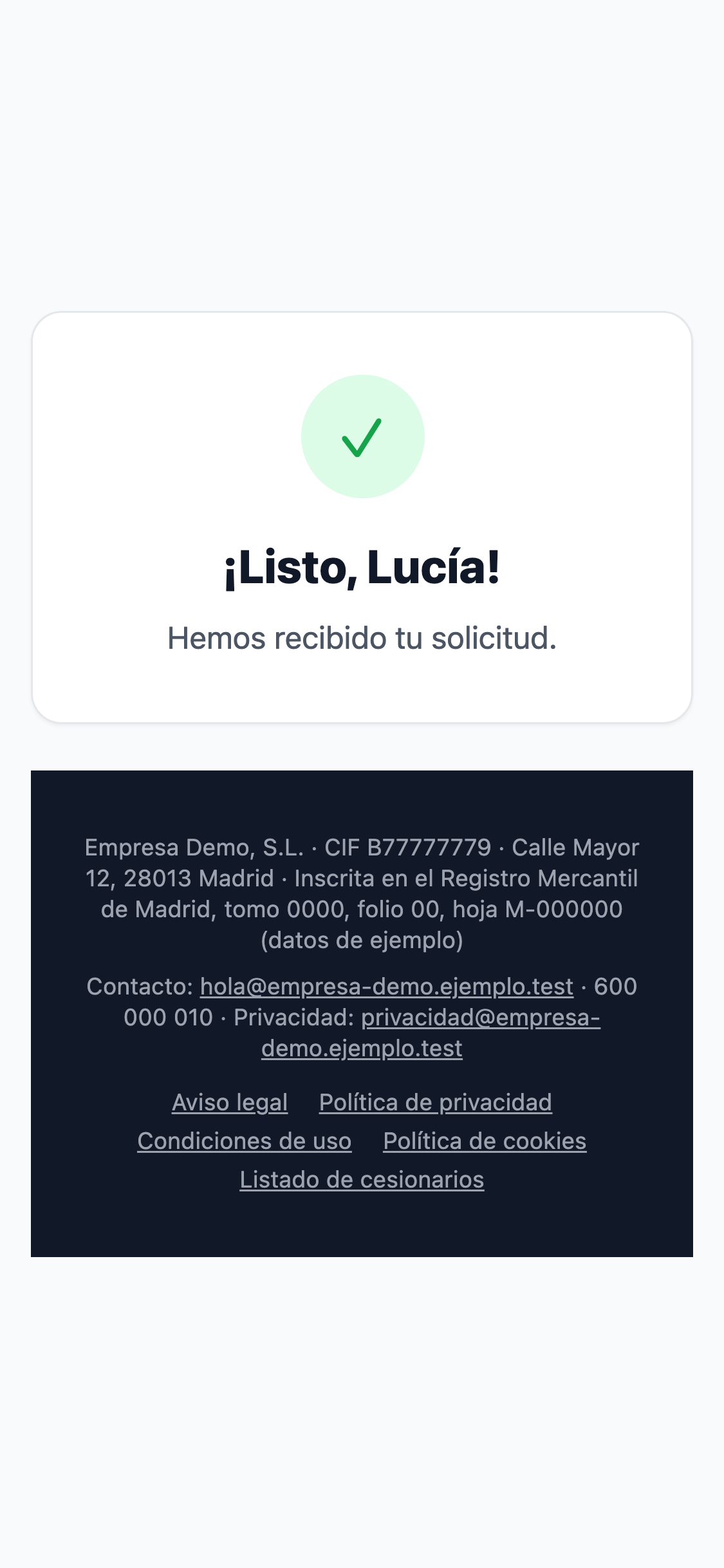 Página «Gracias» del formulario para móvil: «¡Listo, Lucía!» y «Hemos recibido tu solicitud.».