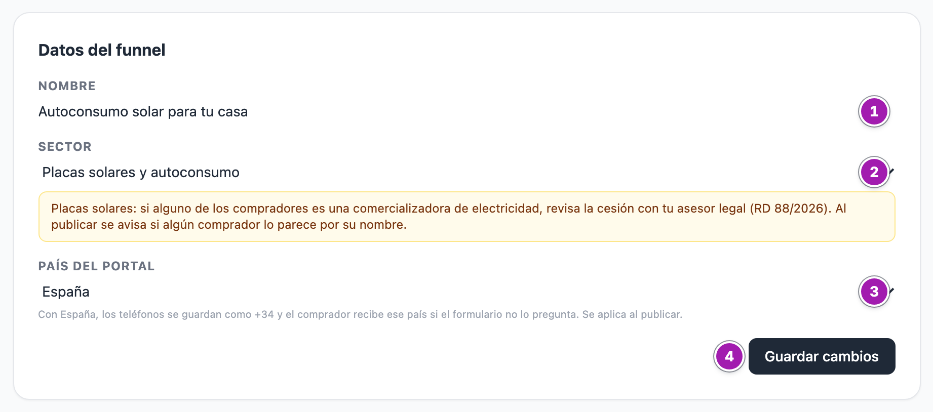 Bloque «Datos del funnel» de la ficha: el nombre (1), el sector con su aviso (2), el país del portal (3) y el botón «Guardar cambios» (4).