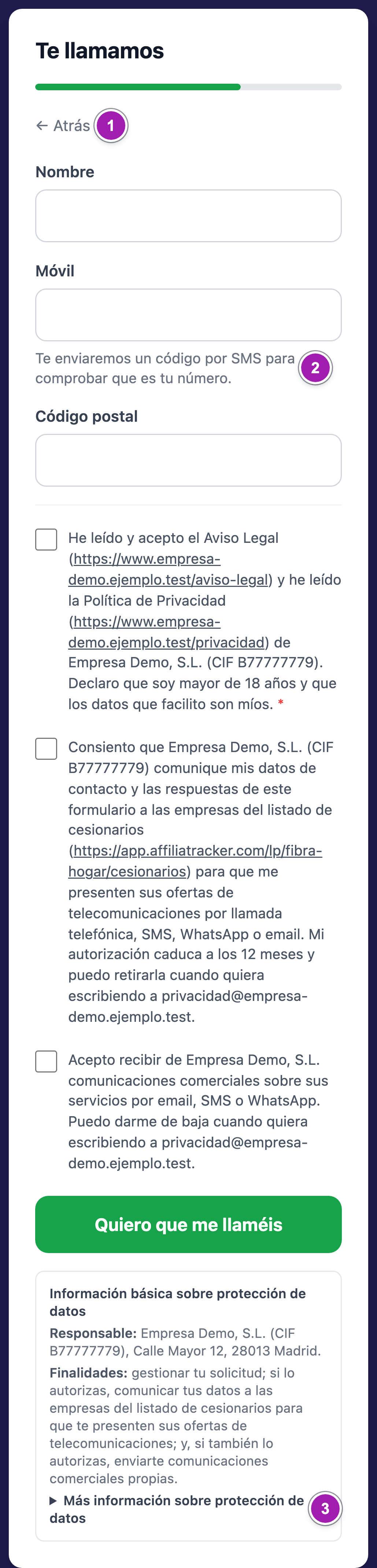 Datos de contacto del formulario para móvil: «← Atrás» (1), la ayuda bajo el móvil que avisa del código por SMS (2), las casillas, el botón y la información básica con «Más información sobre protección de datos» plegado (3).