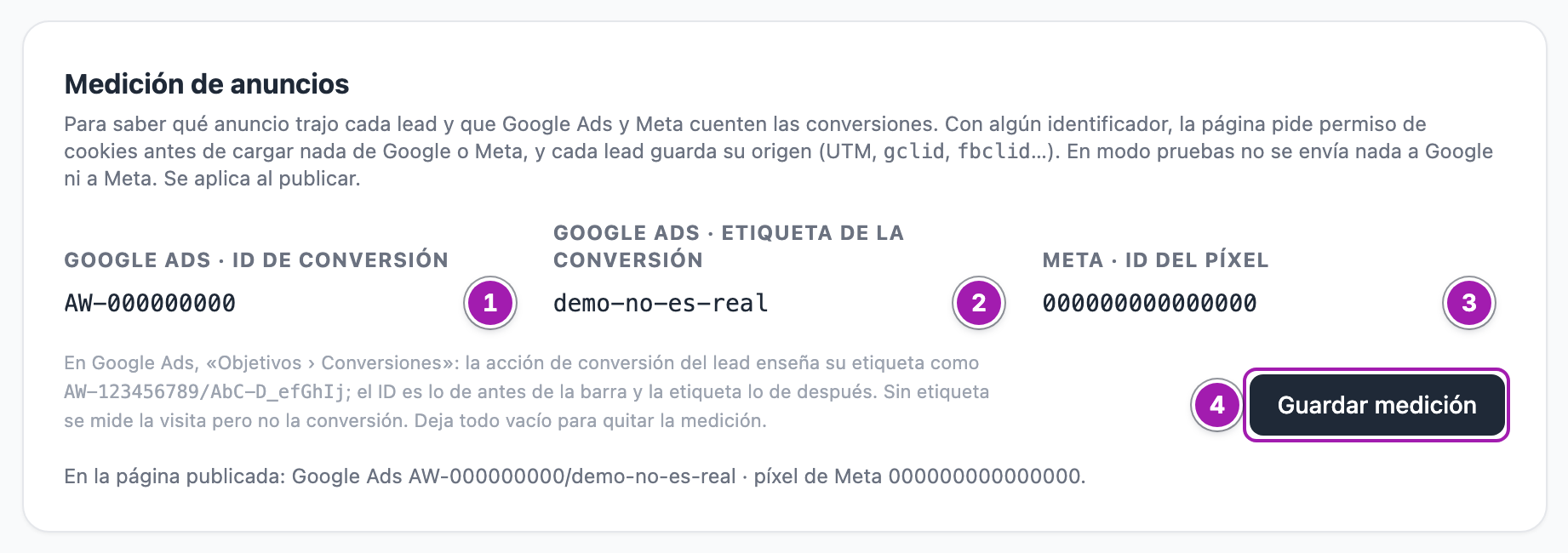 Bloque «Medición de anuncios» de un portal publicado: el ID de conversión de Google Ads (1), su etiqueta (2), el ID del píxel de Meta (3), el botón «Guardar medición» (4) y, debajo, lo que lleva la página publicada.