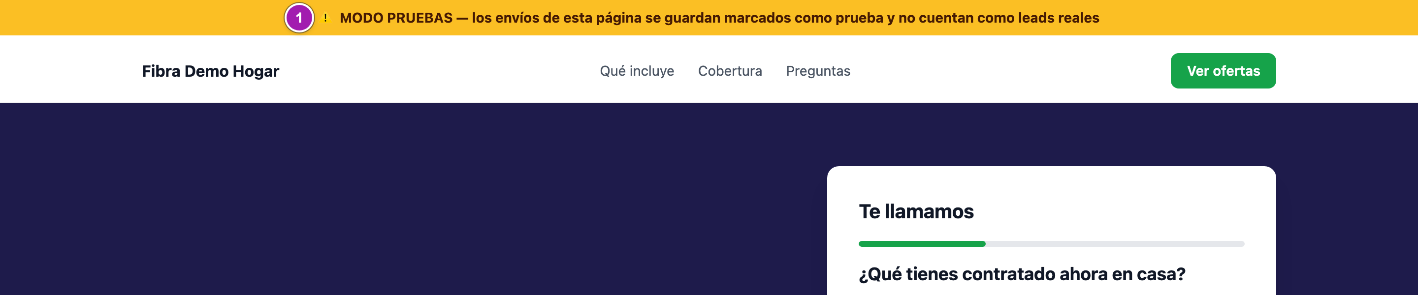 Parte de arriba de la página pública de un portal en modo pruebas, con la franja ámbar «MODO PRUEBAS» fija arriba del todo (1).
