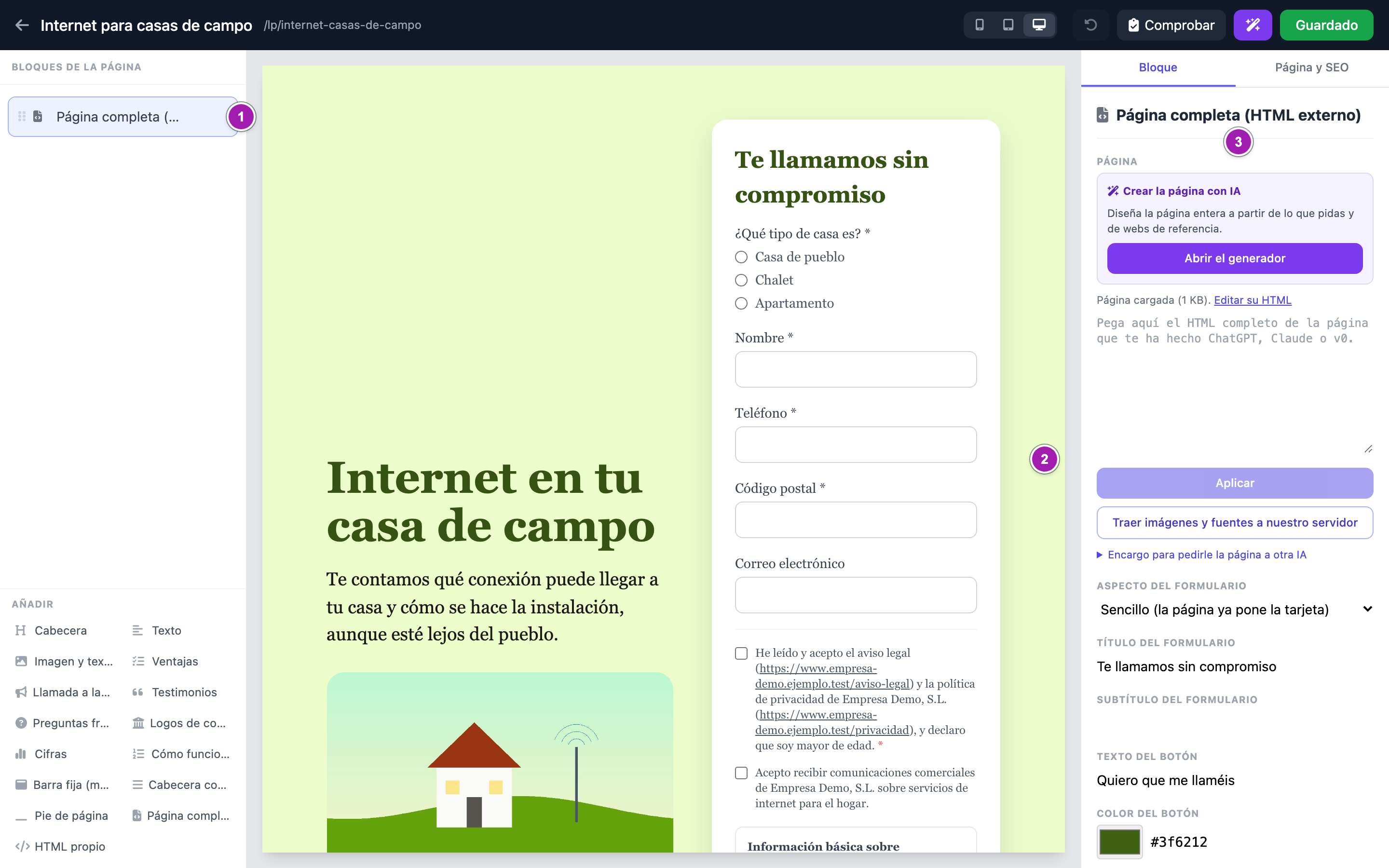 Una página hecha fuera puesta en el editor: el único bloque de la página, «Página completa (HTML externo)» (1), la vista previa con su diseño y el formulario de la plataforma en el hueco que marca la página (2), y el panel del bloque (3).