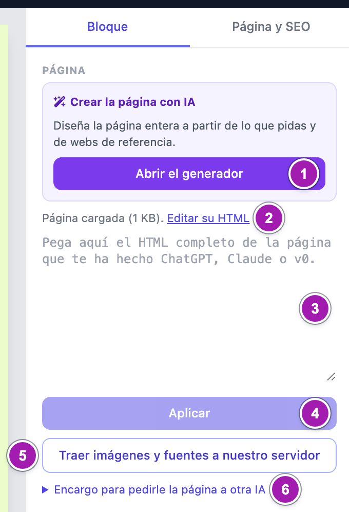 Panel del bloque «Página completa (HTML externo)»: «Abrir el generador» para crear la página con IA (1), «Editar su HTML» (2), la caja donde se pega el HTML (3), «Aplicar» (4), «Traer imágenes y fuentes a nuestro servidor» (5) y el desplegable del encargo para otra IA (6).