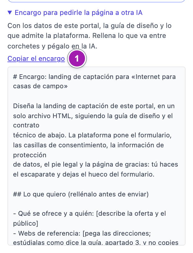 El desplegable «Encargo para pedirle la página a otra IA» abierto: la explicación, el botón «Copiar el encargo» (1) y el principio del texto que se pega en la otra IA.