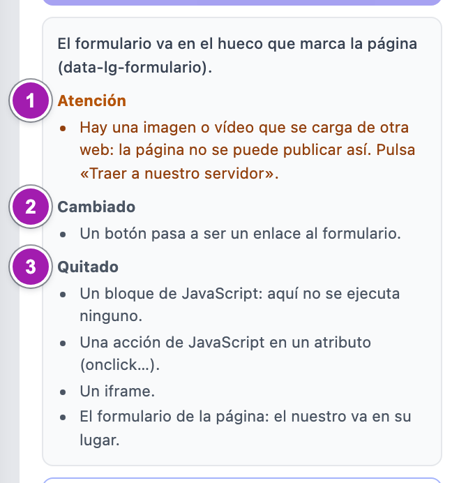 El informe que sale al pulsar «Aplicar»: dónde va el formulario, «Atención» con la imagen que se carga de otra web (1), «Cambiado» con lo que se ha transformado (2) y «Quitado» con lo que no se admite (3).