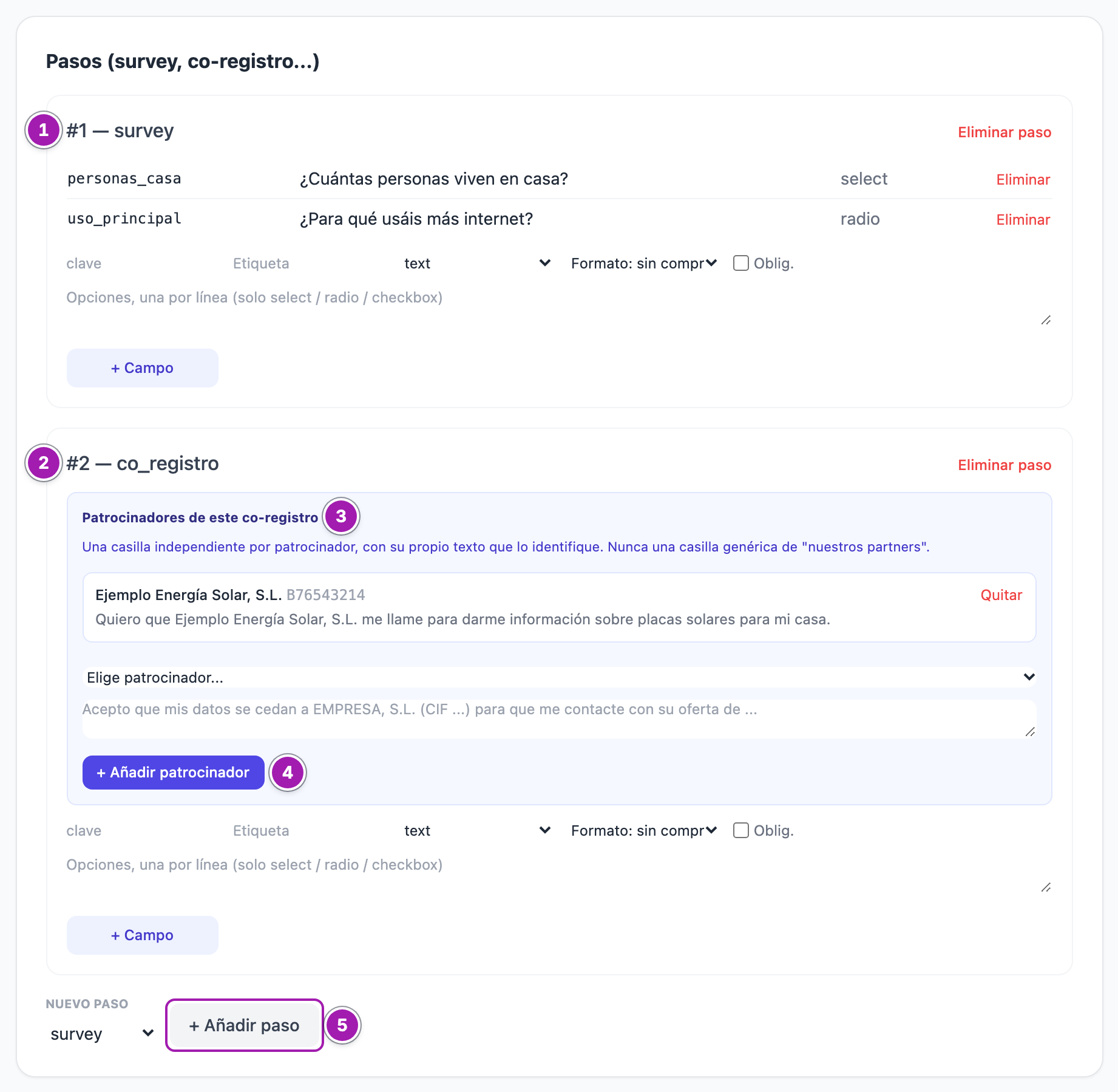Tarjeta «Pasos (survey, co-registro...)» de la ficha de un portal: el paso de encuesta con sus dos preguntas (1), el paso de co-registro (2) con su patrocinador y el texto de su casilla (3), «+ Añadir patrocinador» (4) y, abajo, «Nuevo paso» con «+ Añadir paso» (5).