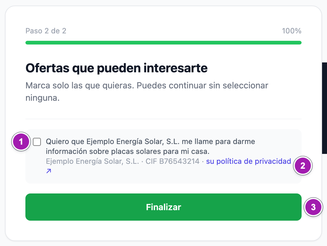 Paso de co-registro en el móvil: «Ofertas que pueden interesarte», la casilla del patrocinador sin marcar (1) con su empresa, su CIF y el enlace a su política de privacidad (2), y «Finalizar» (3).