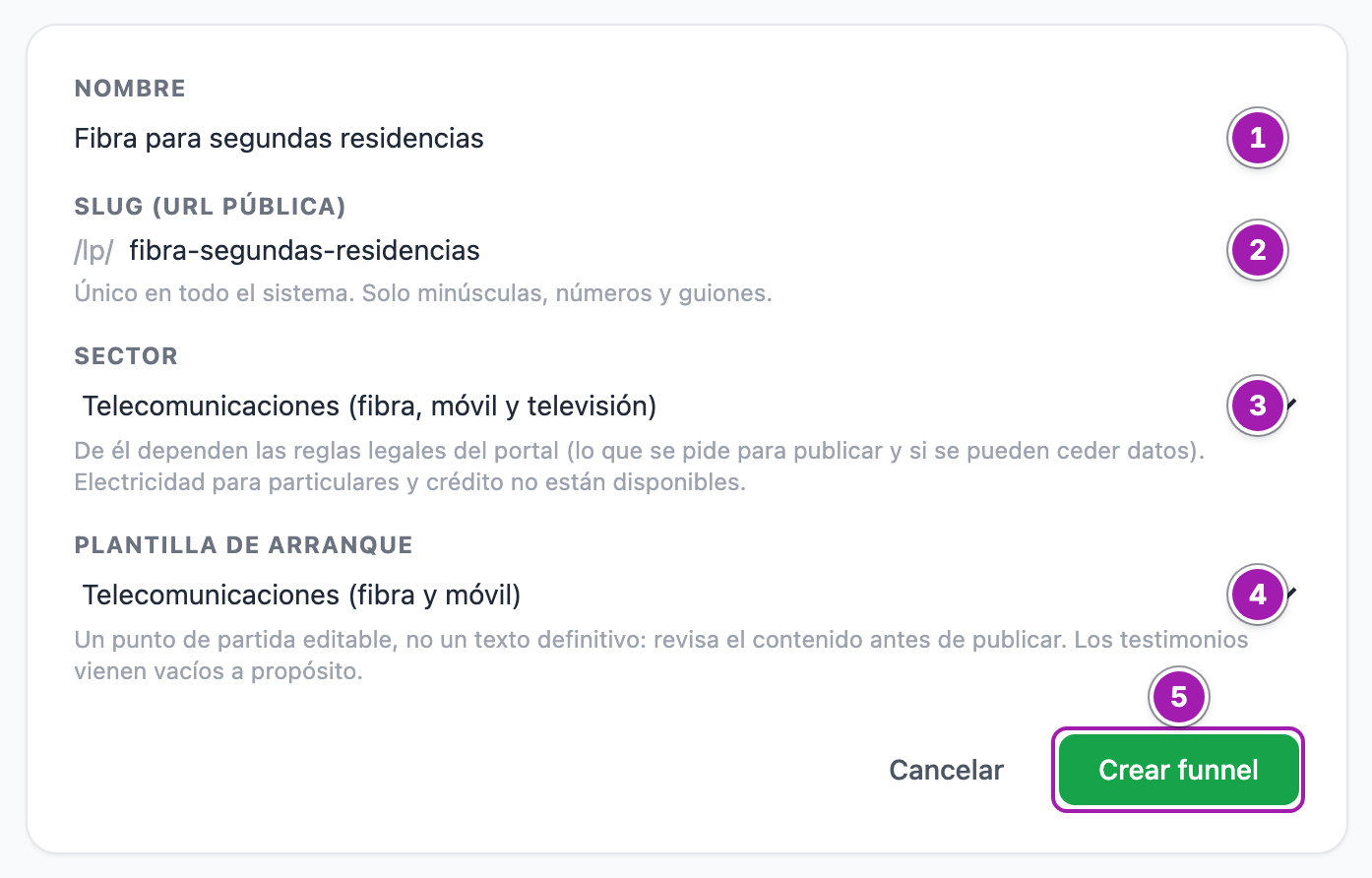 Pantalla «Nuevo funnel» rellena: el nombre (1), la dirección después de «/lp/» (2), el sector (3), la plantilla de arranque (4) y el botón «Crear funnel» (5).