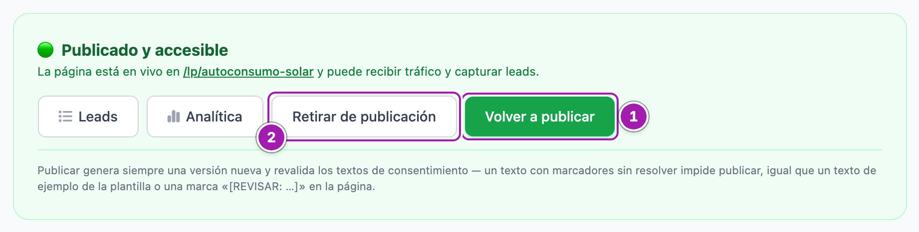 Tarjeta «Publicado y accesible» de un portal en vivo, con los botones «Volver a publicar» (1) y «Retirar de publicación» (2) señalados.