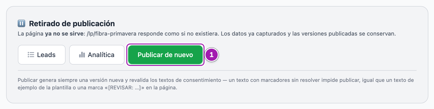 Tarjeta «Retirado de publicación» de un portal que ya no se sirve, con el botón «Publicar de nuevo» señalado (1).