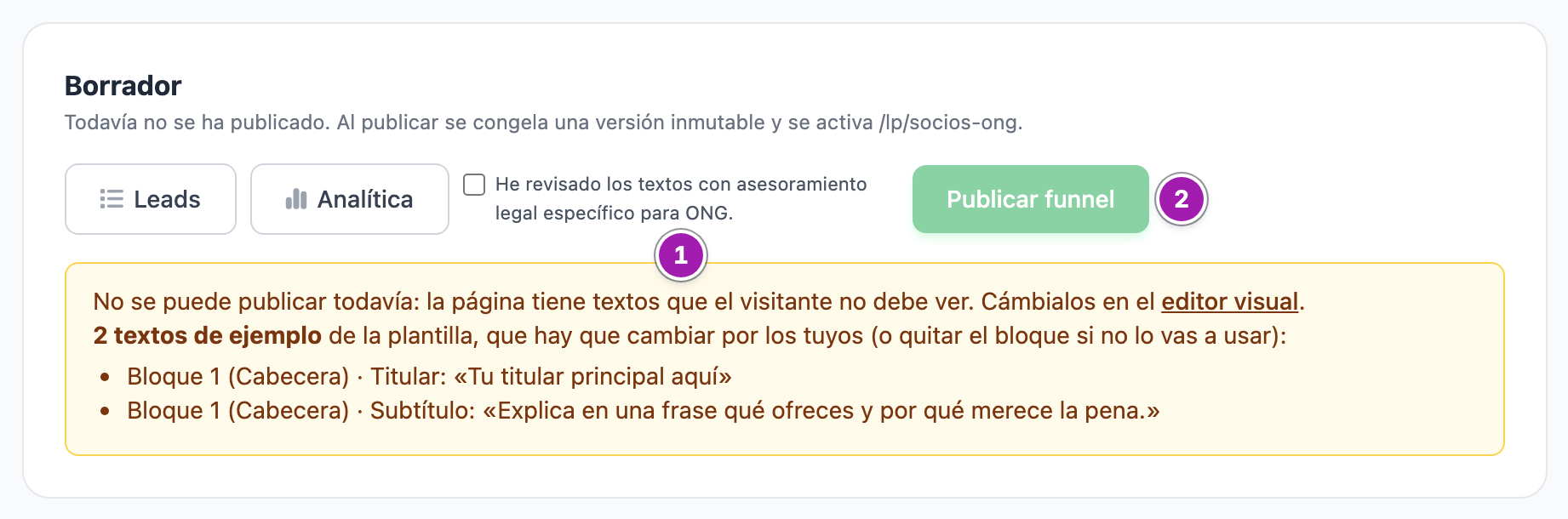 Bloque de publicación de un portal de ONG en borrador: la casilla de confirmación de la revisión legal (1) junto al botón «Publicar funnel» (2), todavía desactivado porque la página conserva textos de ejemplo de la plantilla.