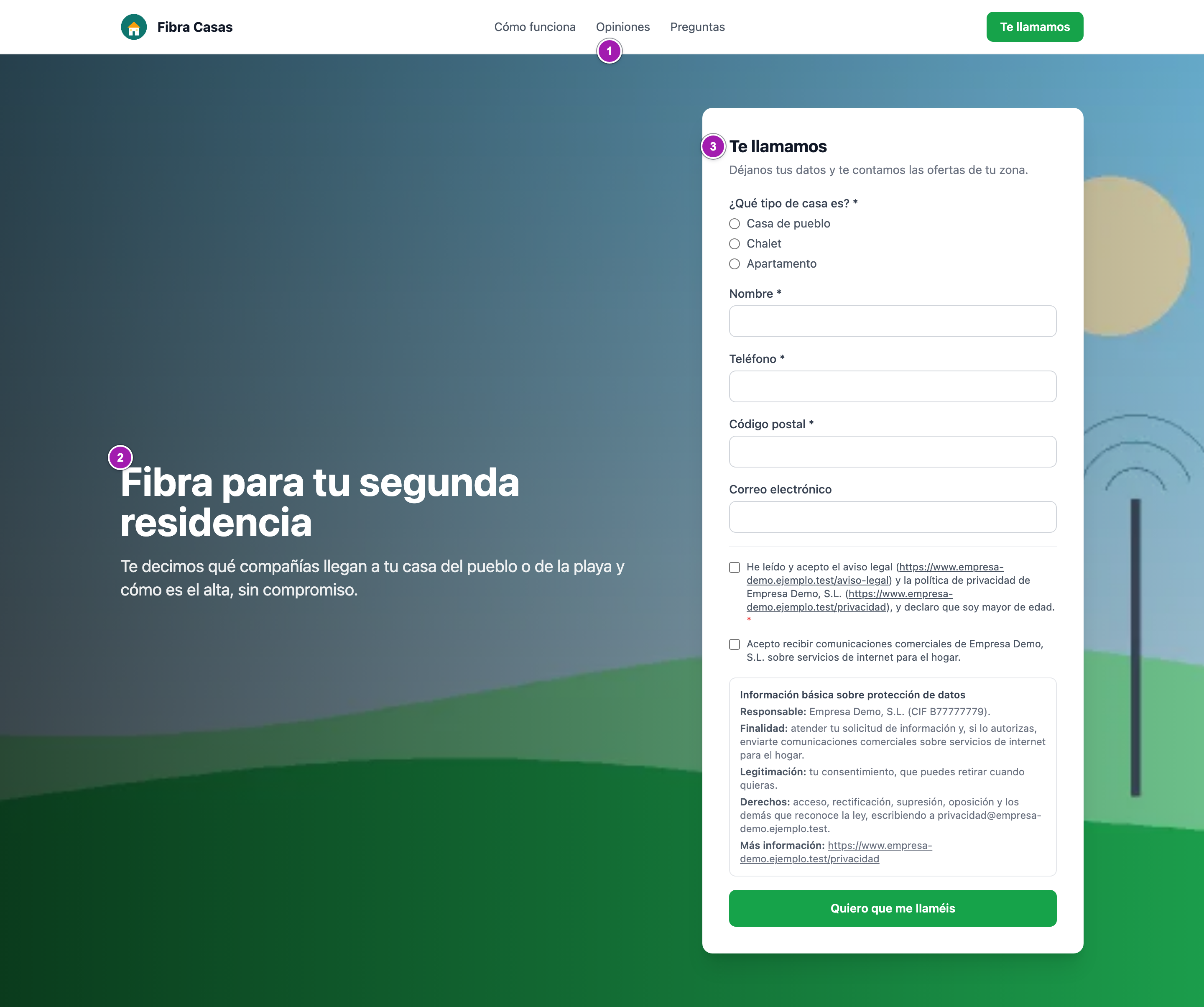 Arriba de una página publicada: la «Cabecera con menú» con su logo, sus enlaces y su botón (1), y la «Cabecera con formulario» con el titular sobre la imagen (2) y la tarjeta del formulario a la derecha (3).