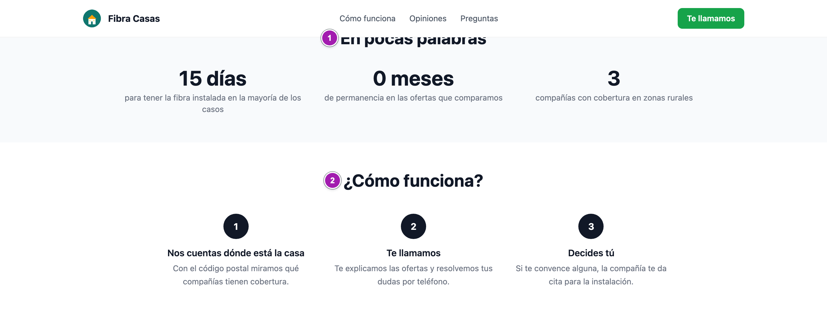 Un bloque «Cifras» con tres datos (1) y un bloque «Cómo funciona» con tres pasos numerados (2).
