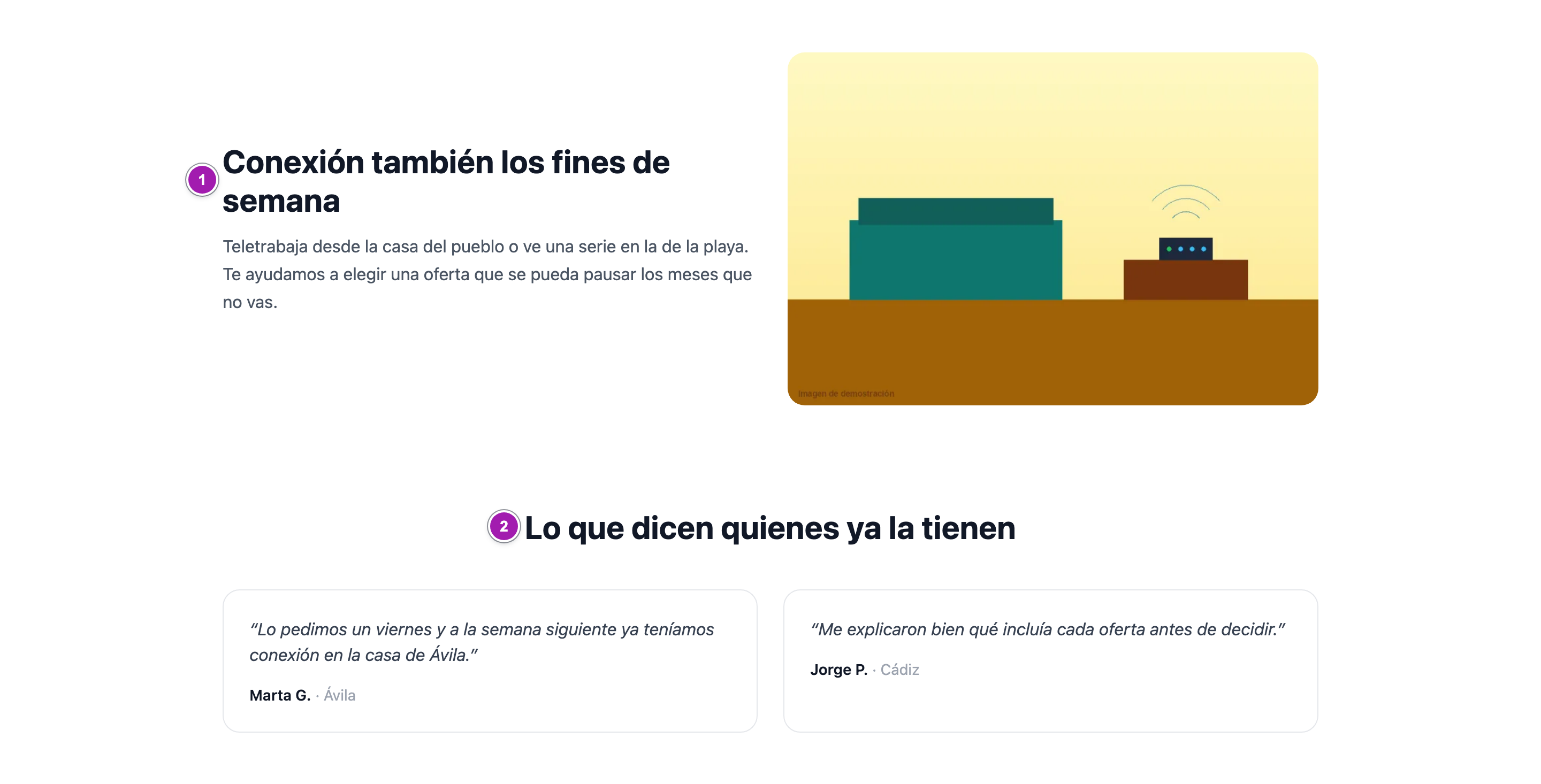 Un bloque «Imagen y texto» con la imagen a la derecha (1) y un bloque «Testimonios» con dos opiniones (2).