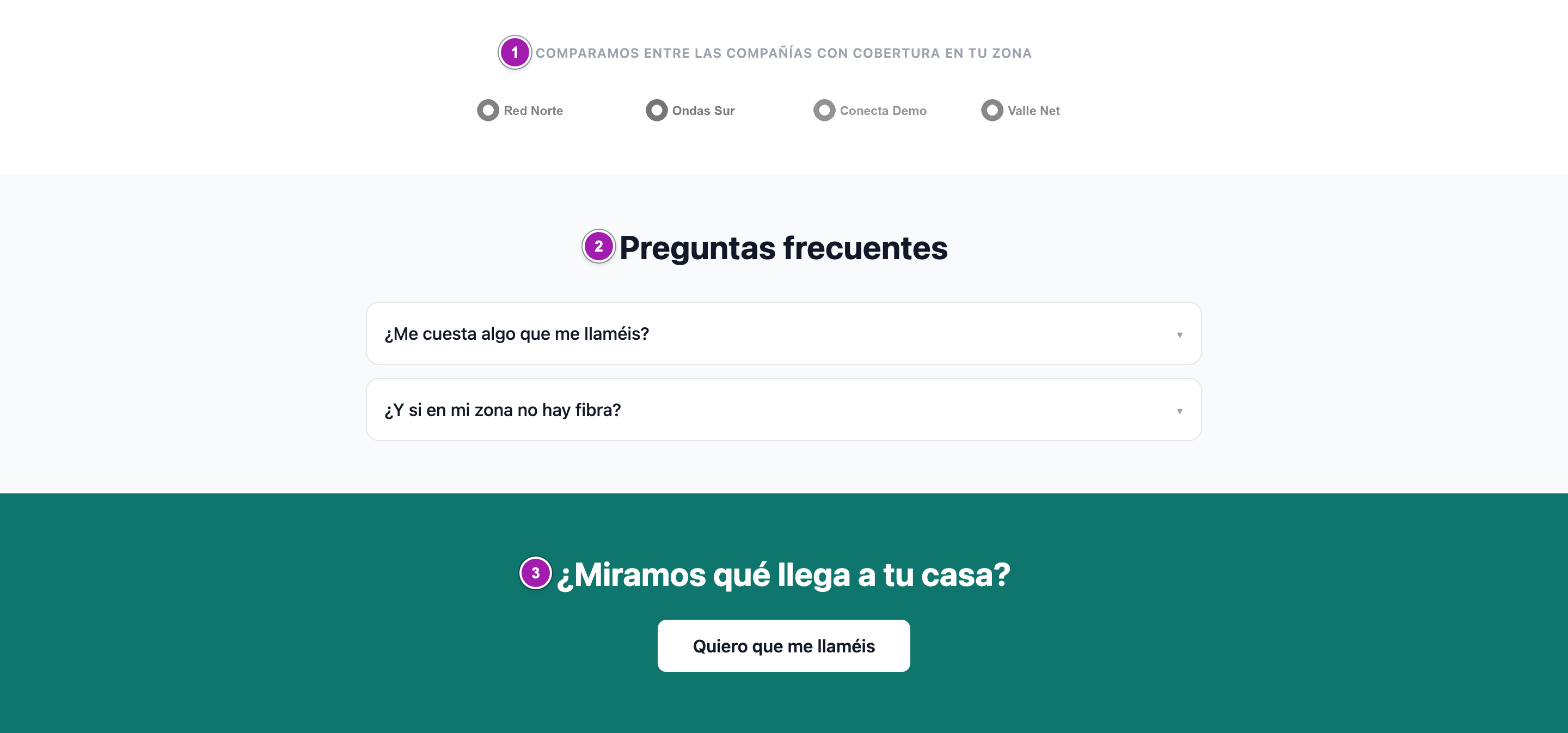 Un bloque «Logos de compañías» en gris (1), un bloque «Preguntas frecuentes» con dos preguntas cerradas (2) y una «Llamada a la acción» con su botón (3).