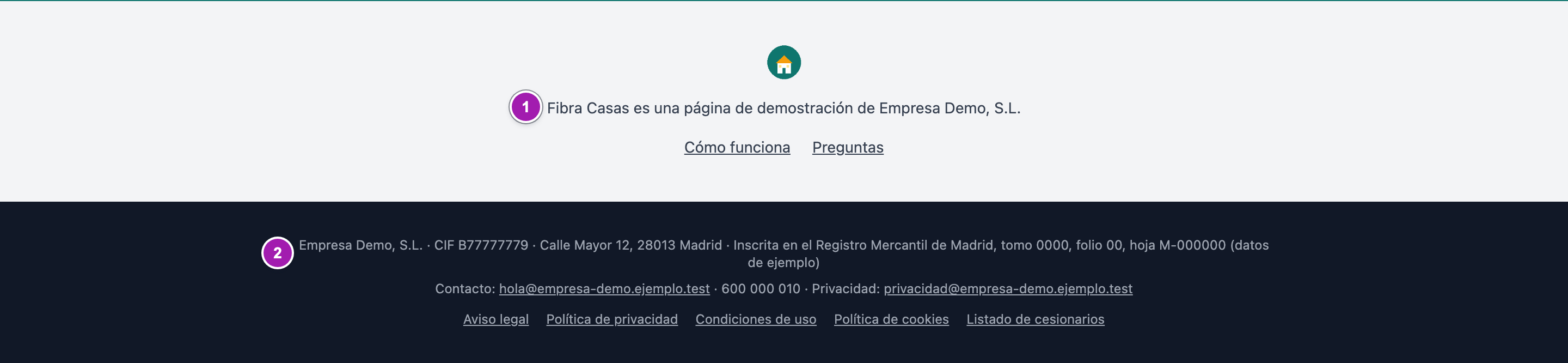 El «Pie de página» del portal con su logo, su texto y sus enlaces (1) y, debajo, el pie legal con los datos del captador, que pone siempre la plataforma (2).
