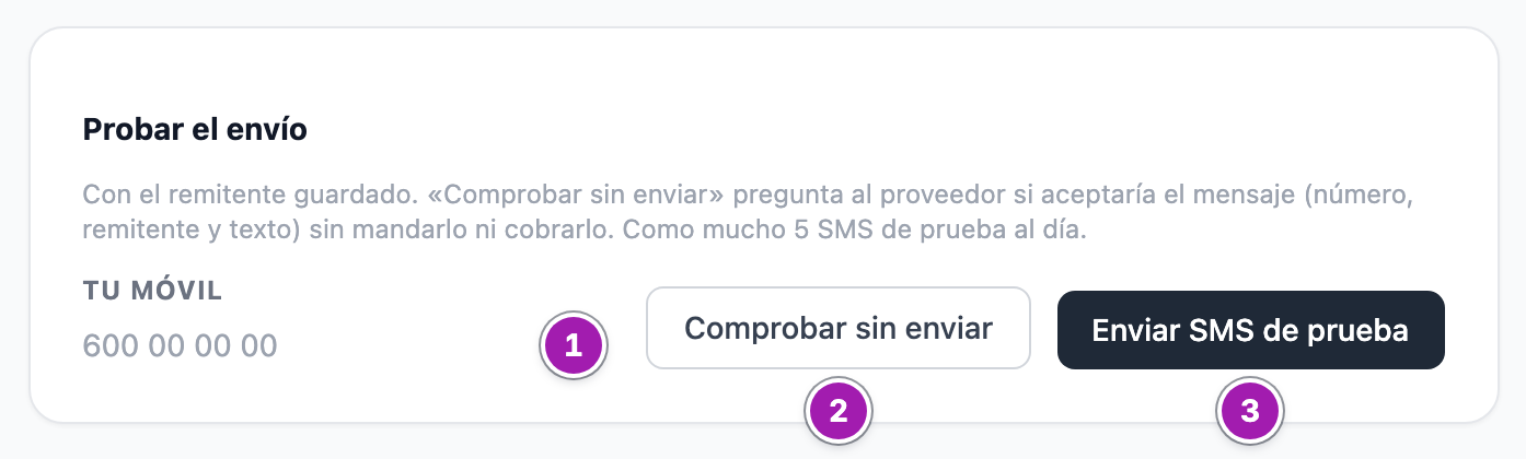 «Probar el envío»: el campo «Tu móvil» (1), «Comprobar sin enviar» (2) y «Enviar SMS de prueba» (3).