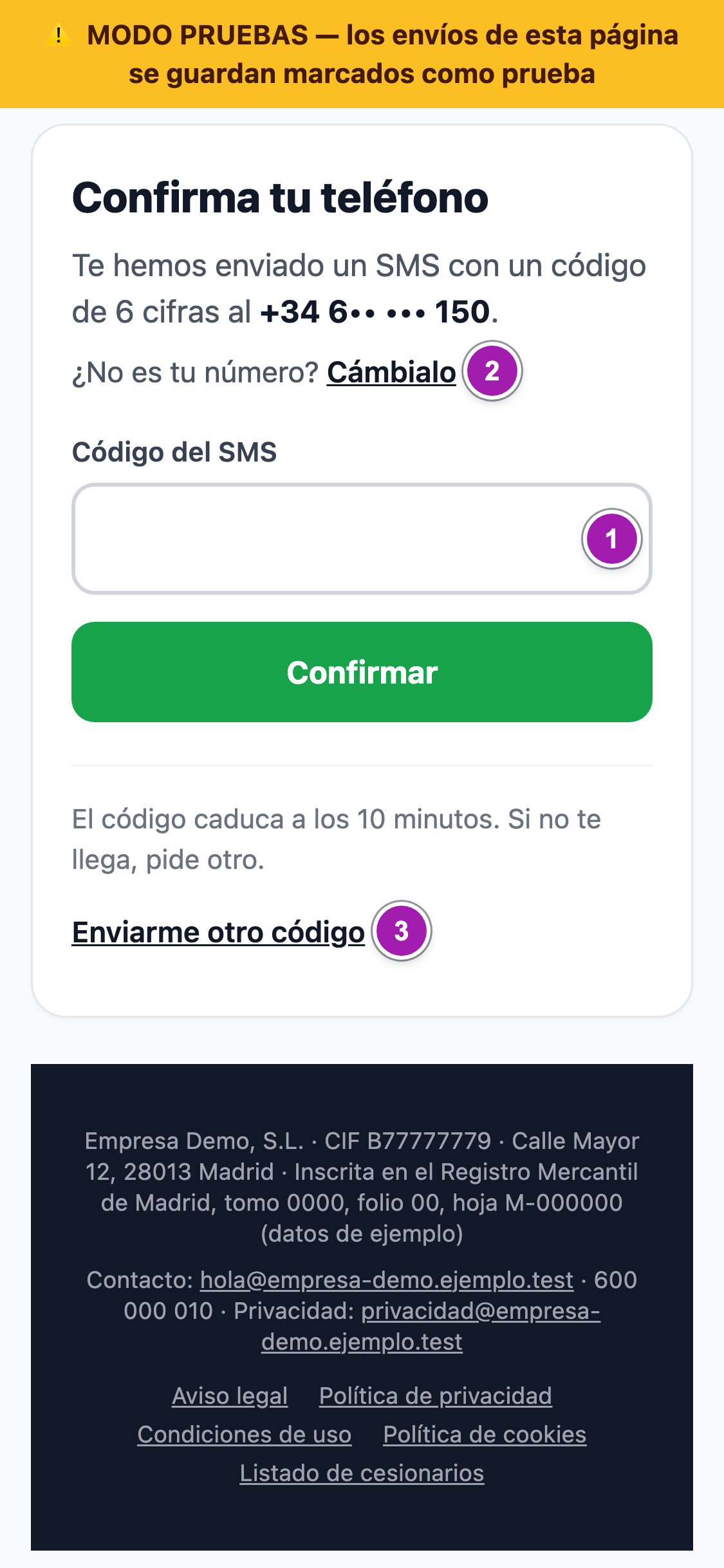 Página «Confirma tu teléfono» del formulario para móvil: el aviso de modo pruebas, el número tapado, el campo «Código del SMS» (1), «¿No es tu número? Cámbialo» (2) y «Enviarme otro código» (3), que se puede pulsar cuando acaba su cuenta atrás.