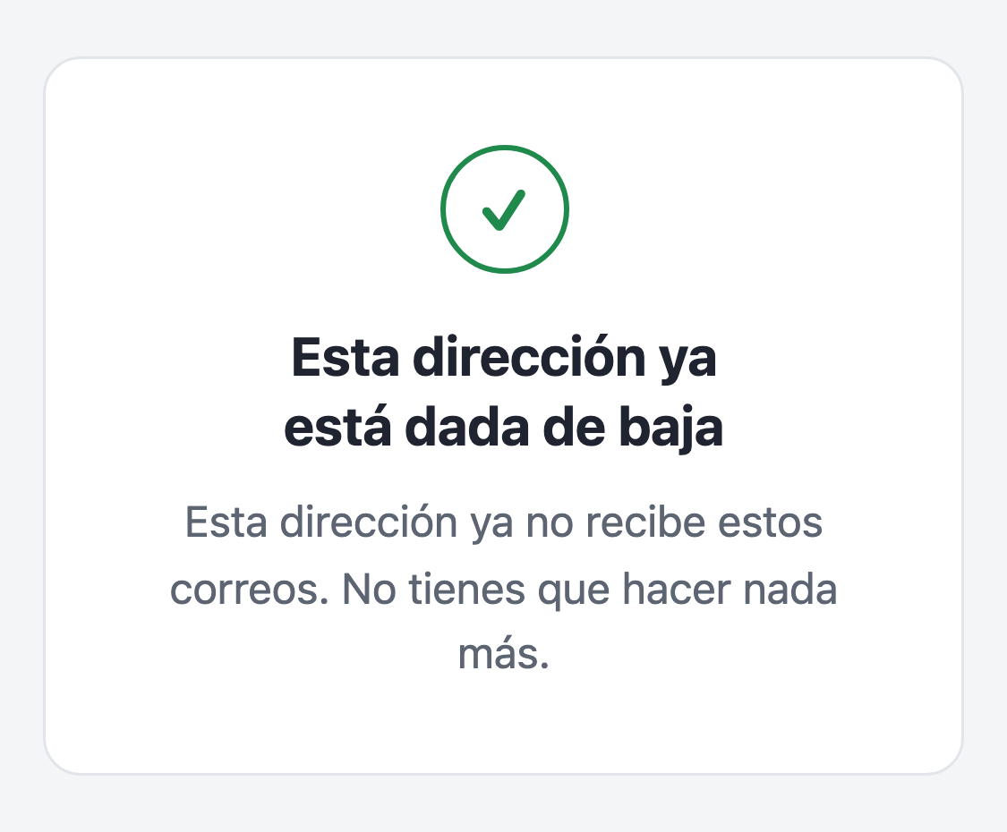 Página de baja cuando la dirección ya está dada de baja en esa empresa: «Esta dirección ya está dada de baja».